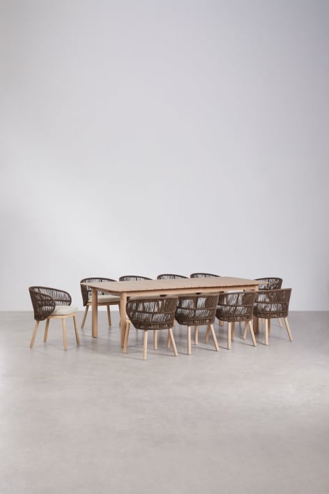 Set aus rechteckigem Tisch 250-310x105 cm ausziehbar Duala und 10 Esszimmerstühle aus Akazienholz und geflochtener Capri-Schnur