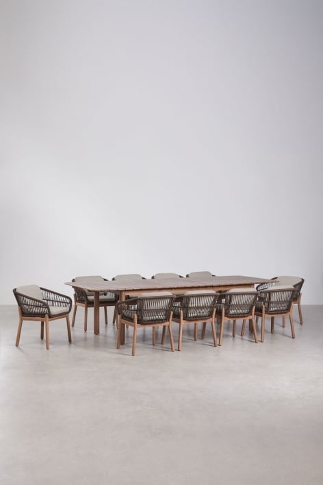 Set aus rechteckigem ausziehbarem Tisch 250-310x105 cm Duala und 10 Gartenstühlen aus Akazienholz und geflochtener Karvia-Schnur