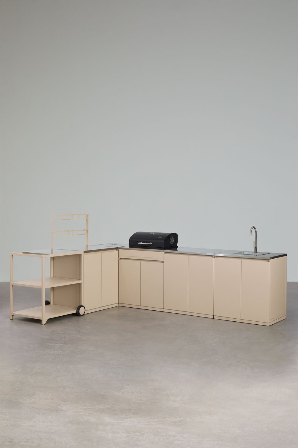 Modulare Eck-Außenküche mit 6 Teilen, Spüle, Stauraum und Holzkohlegrill aus Rivana-Stahl, Galeriebild 1