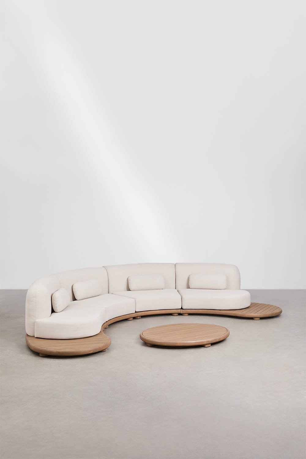 Gartenset mit 4-teiliger U-förmiger modularer Sofagarnitur und ovalem Couchtisch 120x95 cm aus Akazienholz Gerard, Galeriebild 1