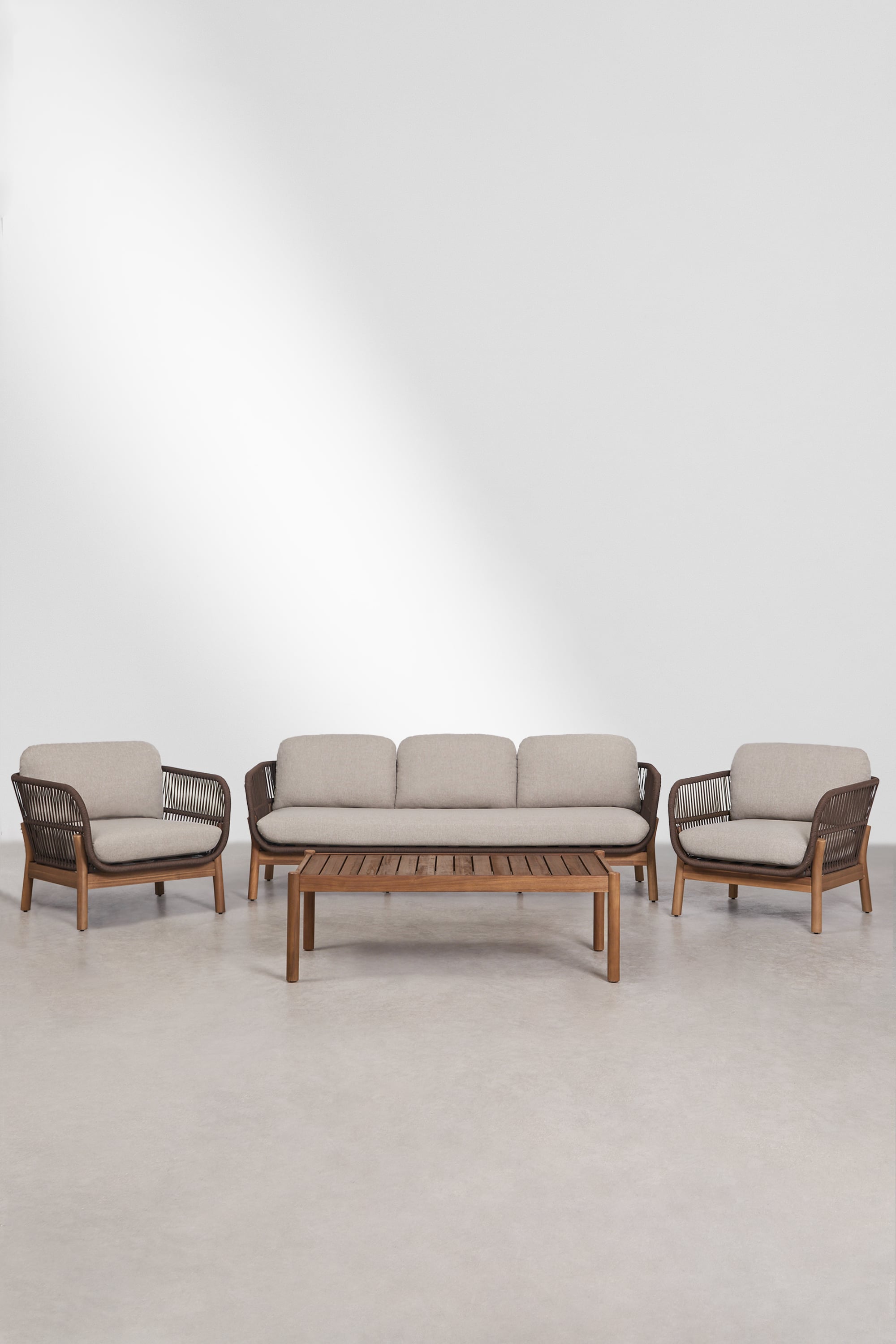 Gartenset mit 3-Sitzer-Sofa, 2 Sesseln und Couchtisch aus Akazienholz und geflochtener Karvia-Seil, Galeriebild 3