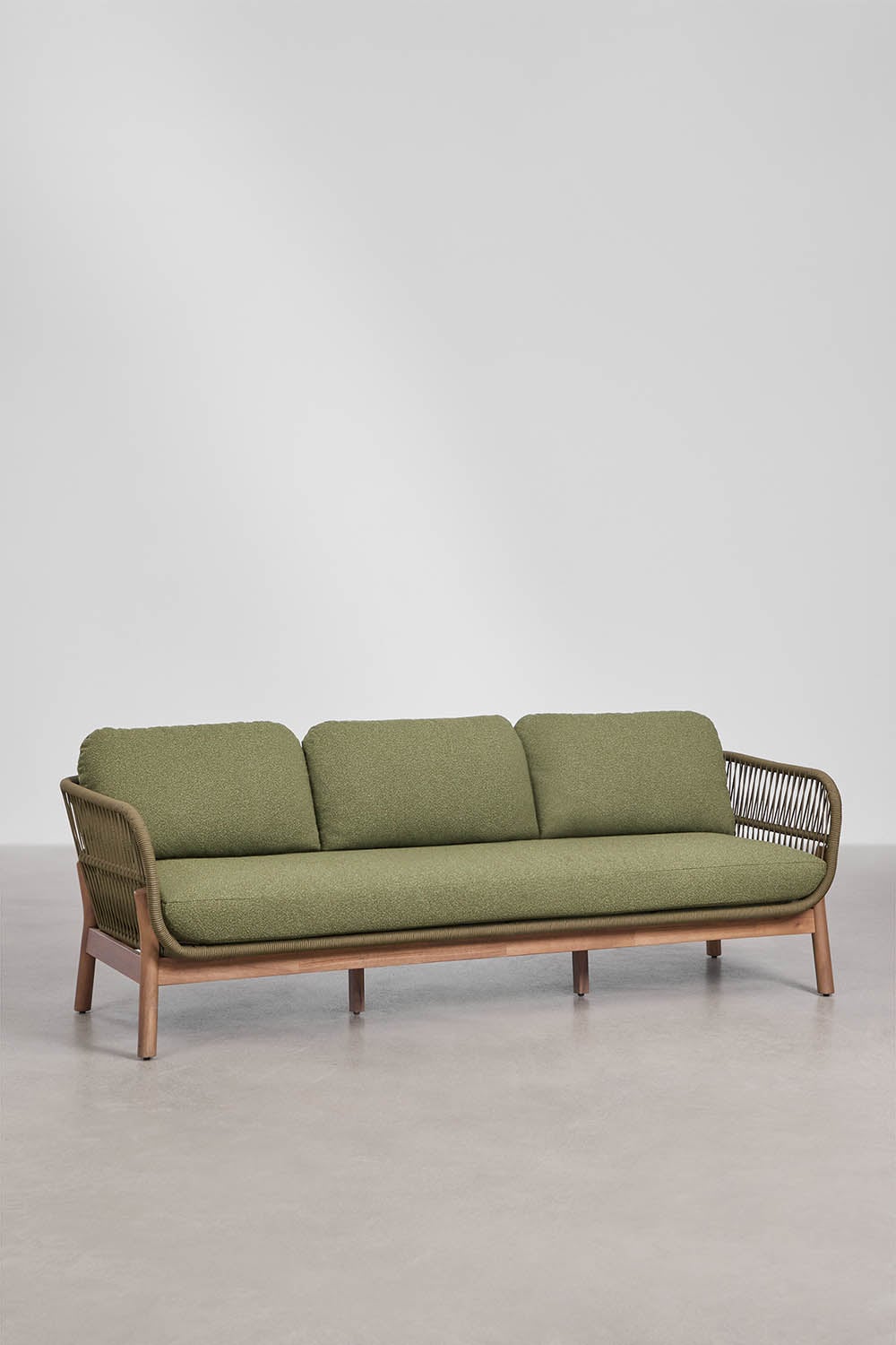Gartenset mit 3-Sitzer-Sofa und rechteckigem Couchtisch 120x60 cm aus Akazienholz und geflochtener Karvia-Schnur, Galeriebild 2
