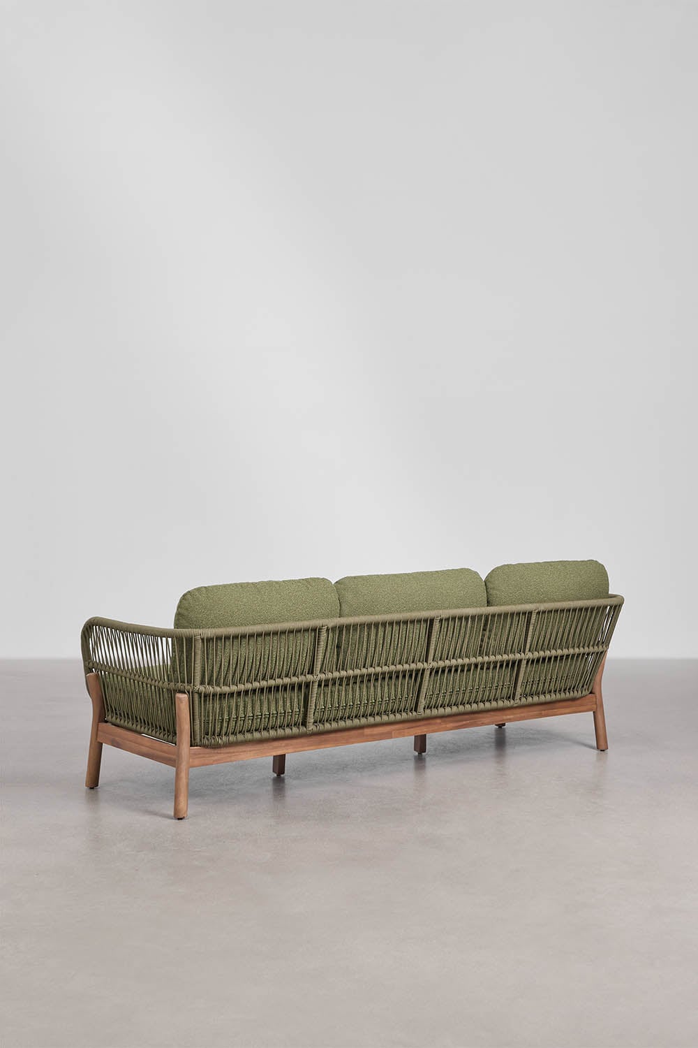 Gartenset mit 3-Sitzer-Sofa und rechteckigem Couchtisch 120x60 cm aus Akazienholz und geflochtener Karvia-Schnur, Galeriebild 3