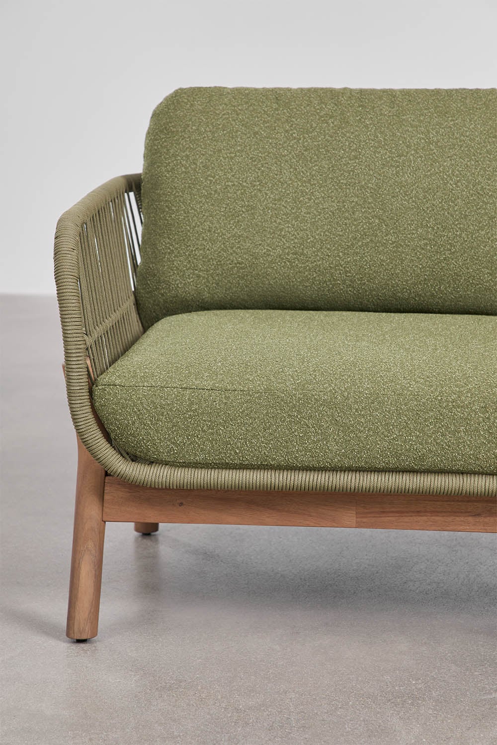 Gartenset mit 3-Sitzer-Sofa und rechteckigem Couchtisch 120x60 cm aus Akazienholz und geflochtener Karvia-Schnur, Galeriebild 4