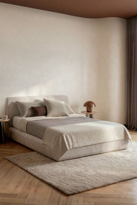 Bett mit Bettkasten für Matratze 150x190cm in cremefarbenem Stoff Norena