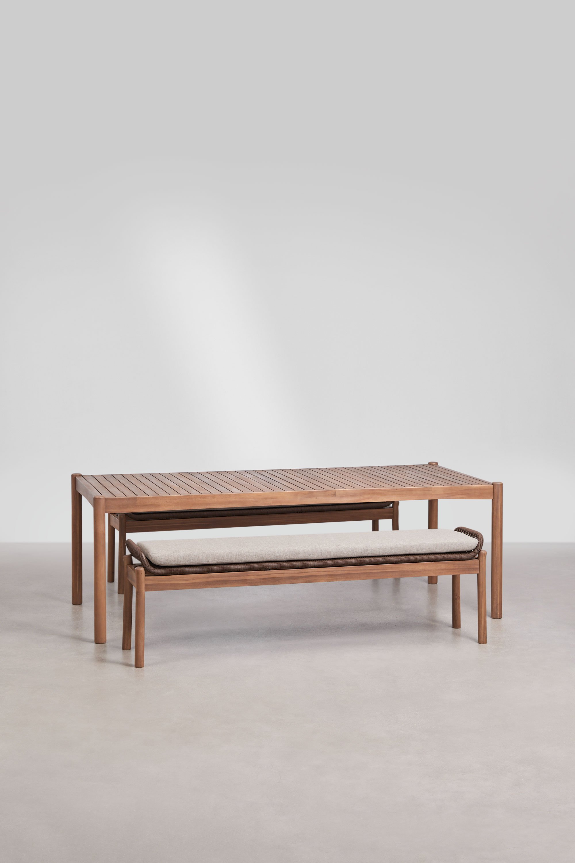 Rechteckiger Esstisch-Set 180x90 cm mit 2 Essbänken aus Akazienholz und geflochtener Schnur Karvia, Galeriebild 1