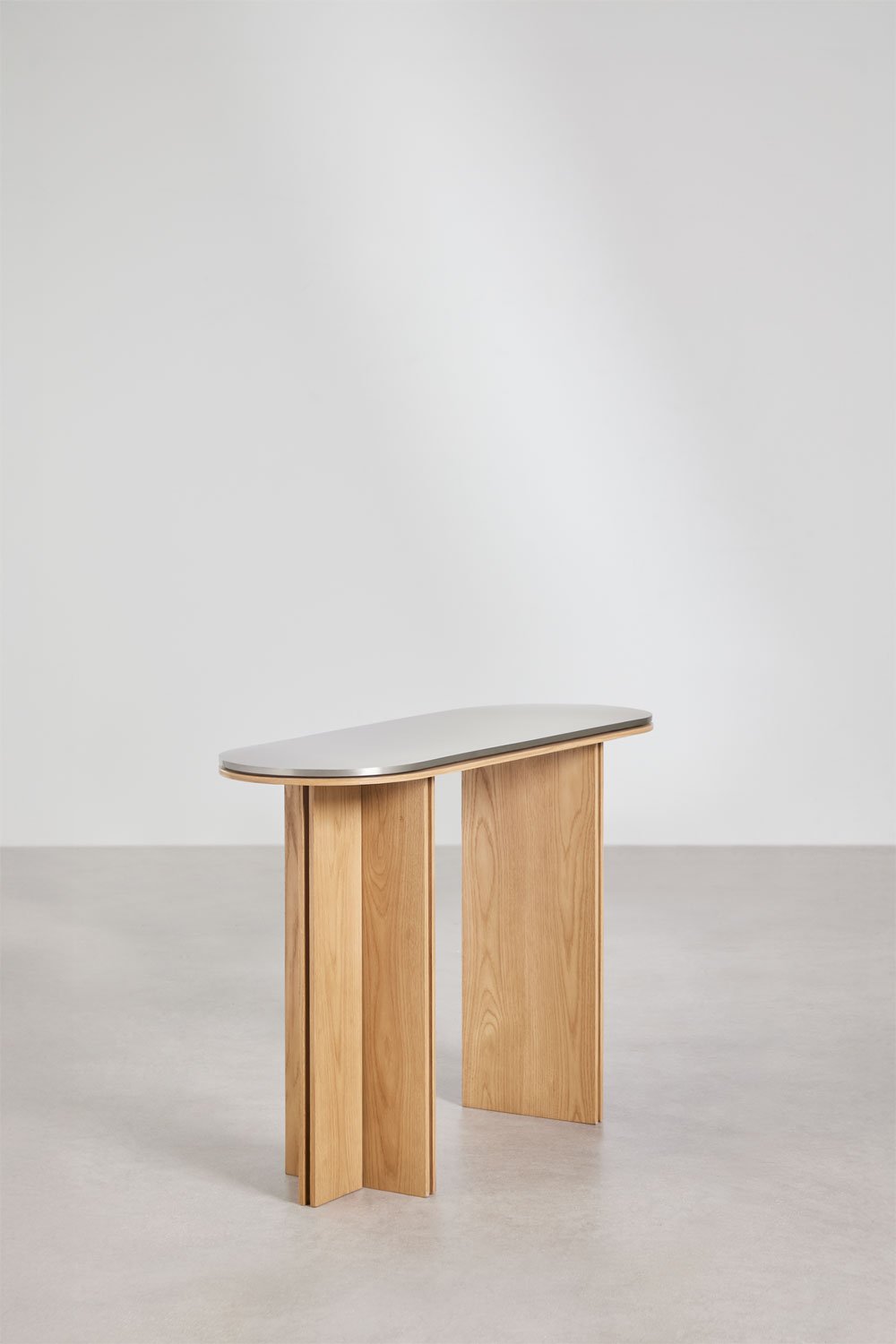 Ovaler Konsolentisch 120x40 cm aus Eichenfurnier und Edelstahl Lindina, Galeriebild 4