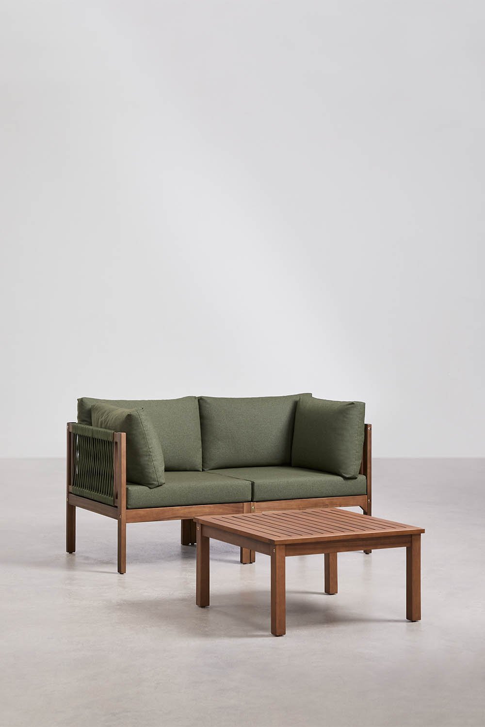 Gartenset mit 2-teiliger modularer Sofaeinheit mit Armlehnen und Couchtisch aus Akazienholz Branson, Galeriebild 3
