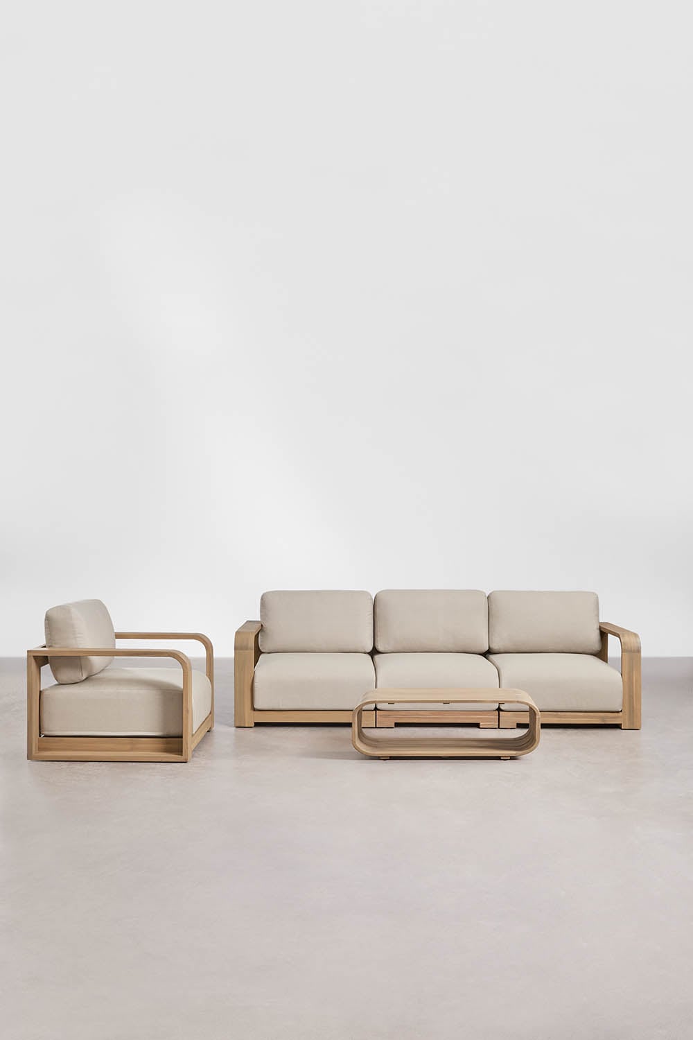 Garten-Set mit 3-teiliger modularer Sofagarnitur mit Armlehne, Sessel und Couchtisch aus Akazienholz Brivori, Galeriebild 3