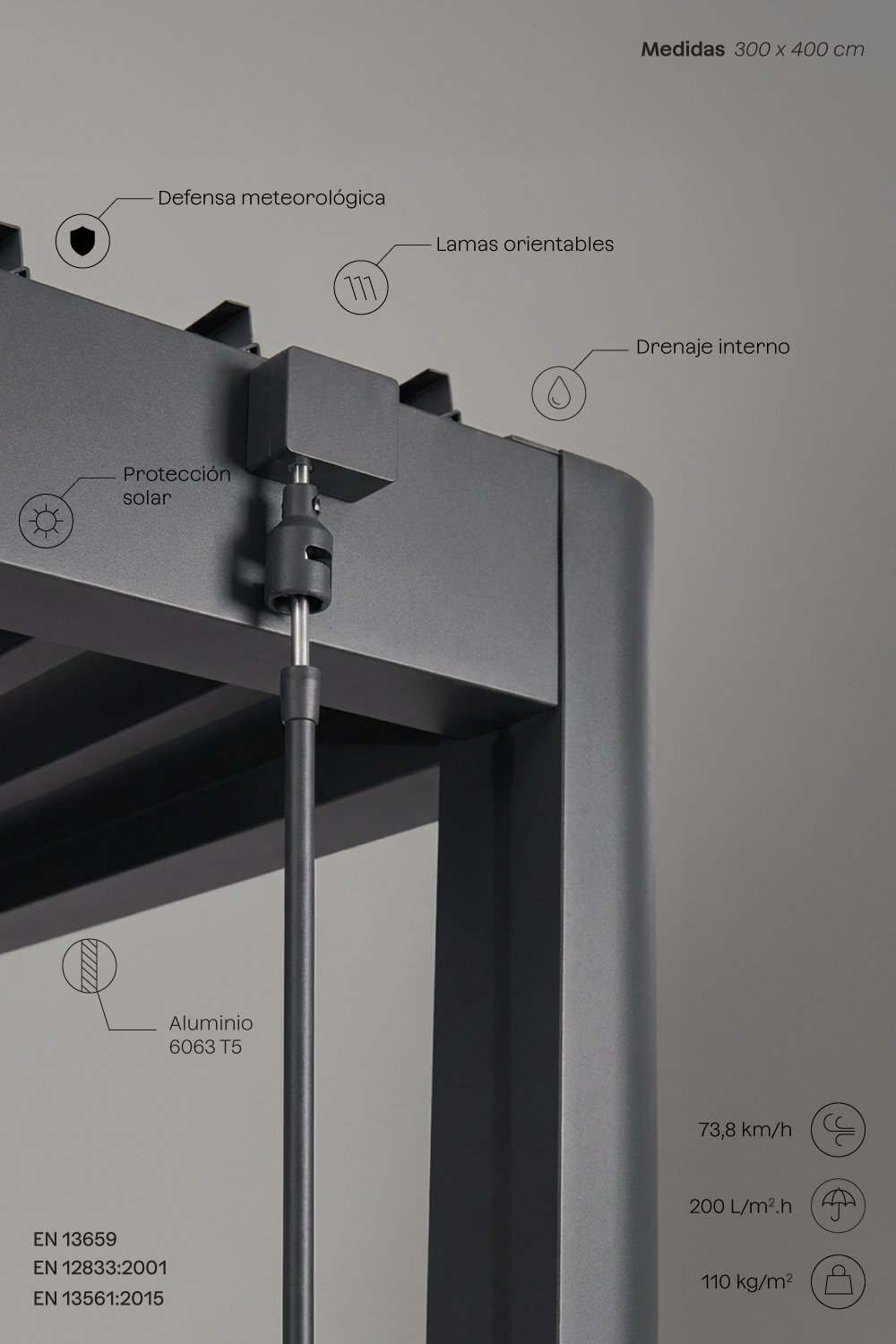 Bioklimatische Aluminiumpergola mit Lamellen und seitlichem Druvia-Markise, Galeriebild 6