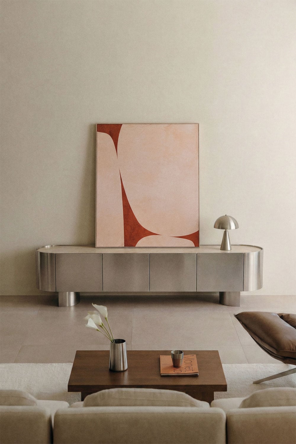 TV-Lowboard 180x40 cm aus Edelstahl und Travertin Luena, Galeriebild 1