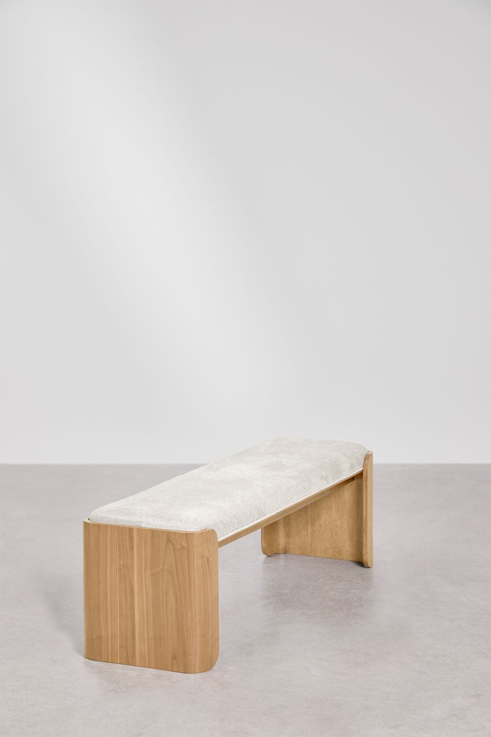 Sitzbank 160 cm aus Gummibaumholz Naturfinish und Furnier mit Bouclé-Bezug Beige-Creme Lofren, Galeriebild 2
