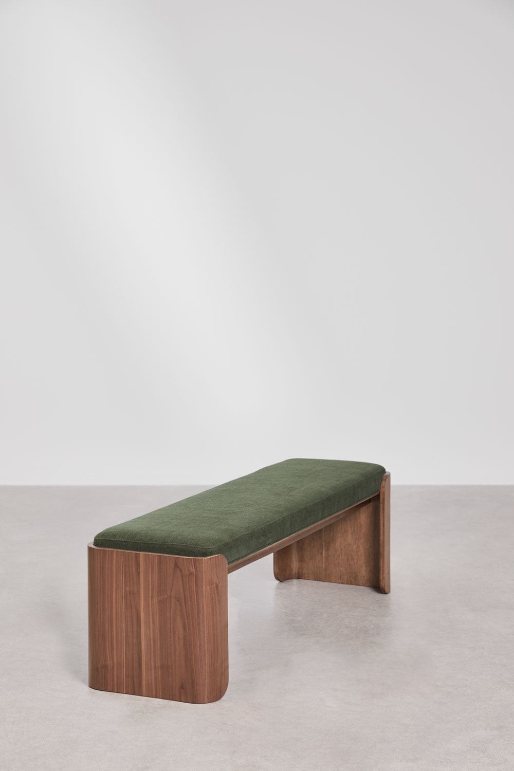 Sitzbank 160 cm aus dunklem Gummibaumholz und Furnier mit Stoffbezug Intensiv Olivgrün Lofren, Galeriebild 2