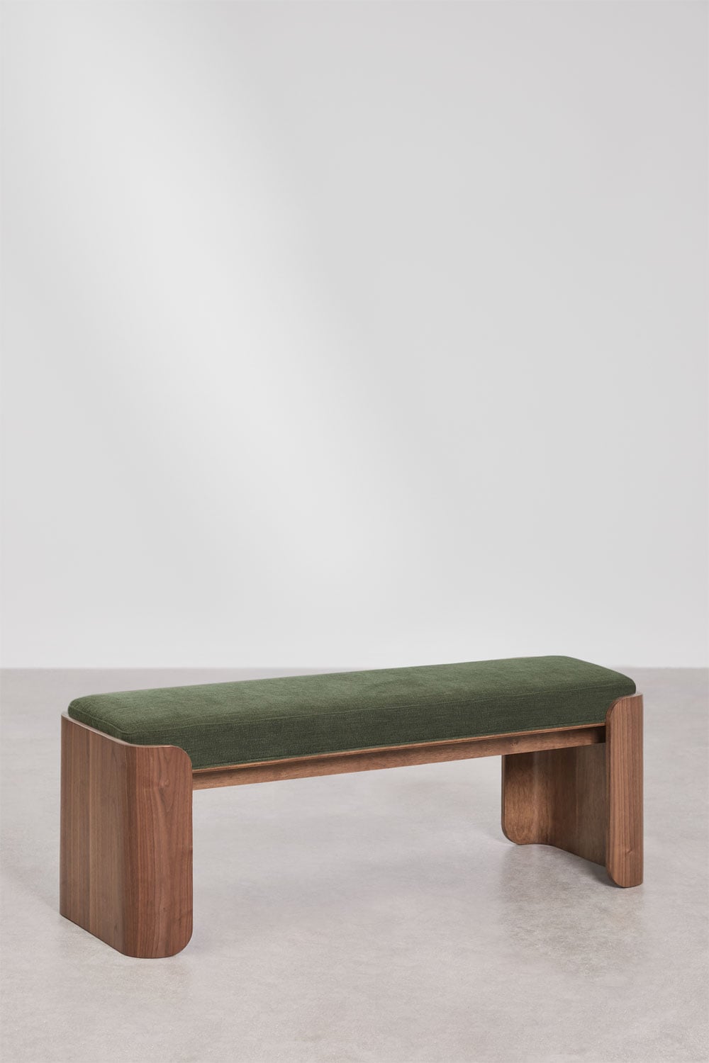 Sitzbank 120 cm aus dunklem Gummibaumholz und Furnier mit Stoffbezug Intensiv Olivgrün Lofren, Galeriebild 1