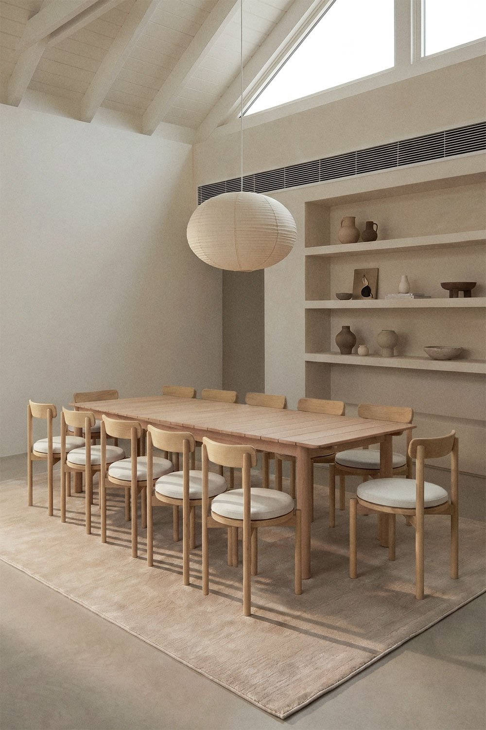 Set aus rechteckigem ausziehbarem Tisch 250-310x105 cm Duala und 12 Esszimmerstühlen aus Akazienholz Nualis, Galeriebild 1