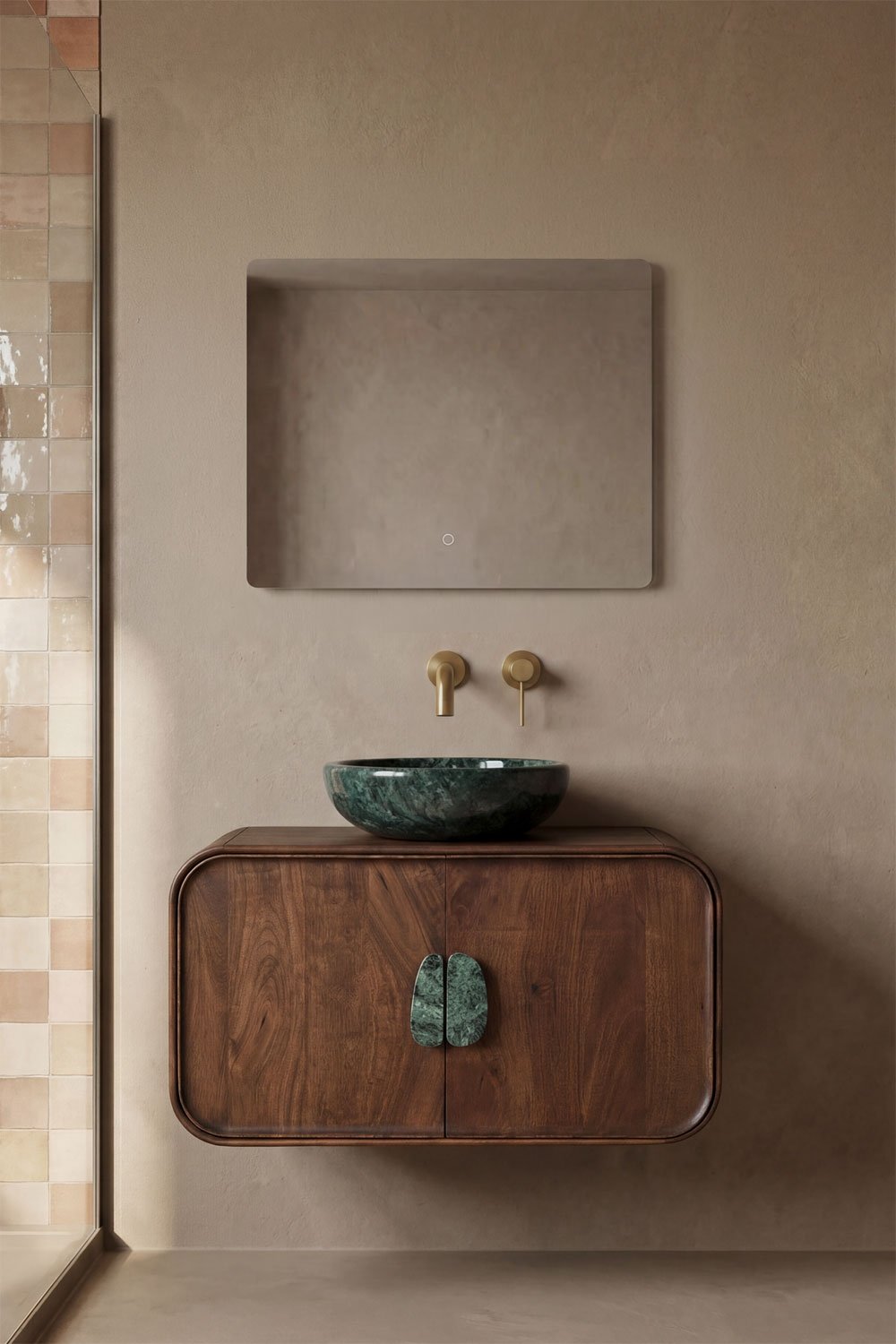 Hängendes Badezimmermöbel-Set 95x45 cm aus Mangoholz und Naturstein Kivalina, Galeriebild 1