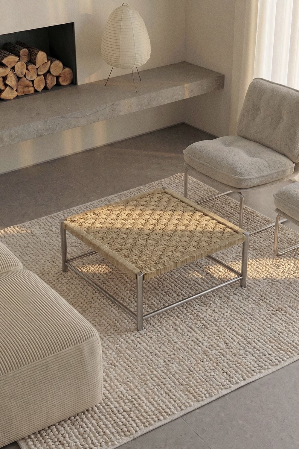 Quadratischer Couchtisch 80x80 cm aus Edelstahl und Jute Narnial, Galeriebild 1