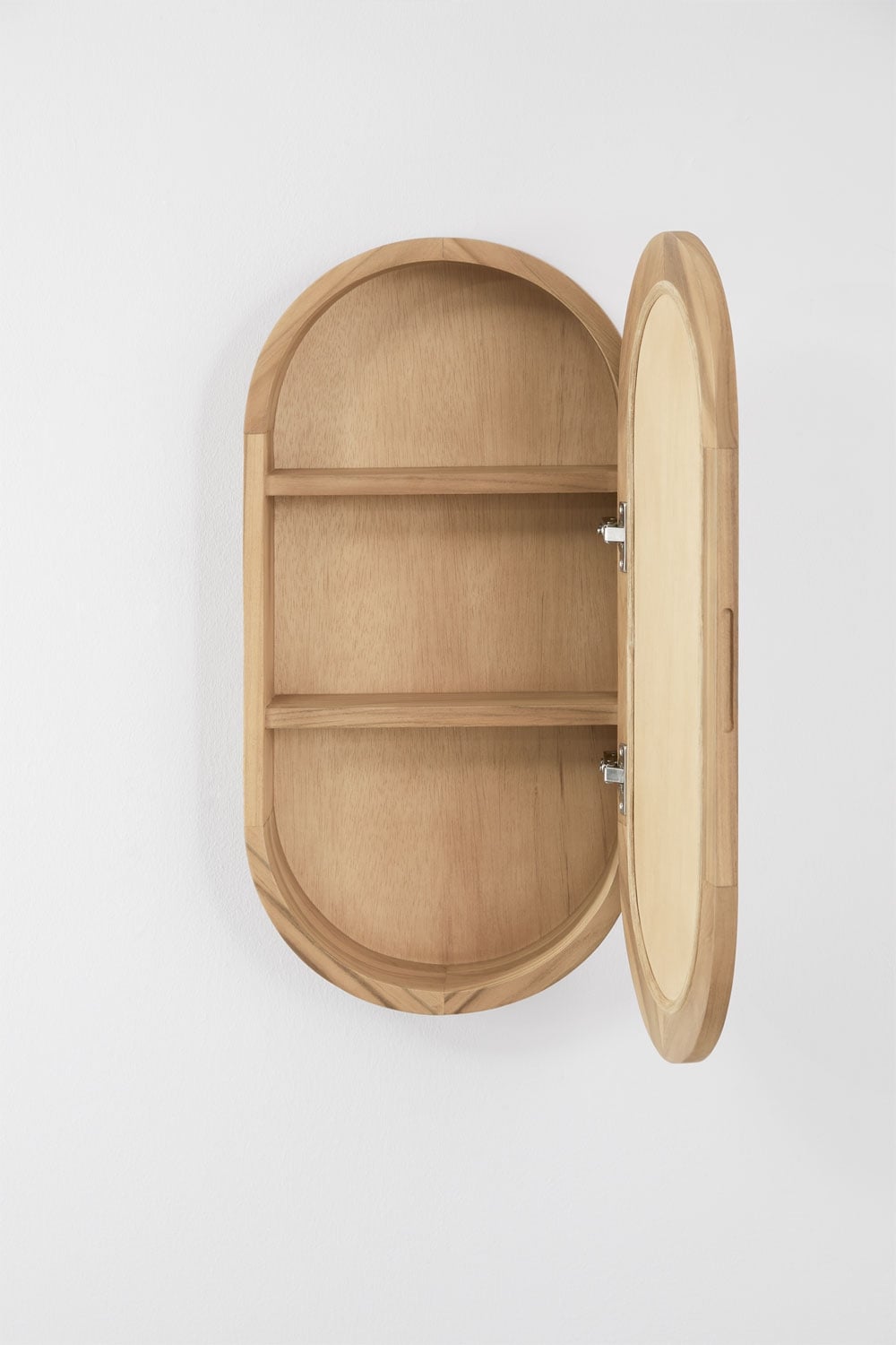 Ovaler Wandschrank 35x70 cm für Badezimmer aus Teakholz mit Spiegel Ian, Galeriebild 4