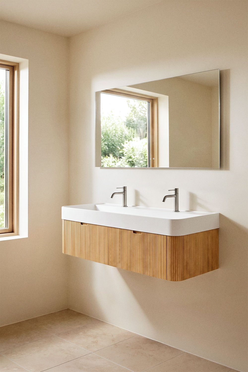 Hängendes Badezimmermöbel-Set 130x45 cm aus Holz mit integriertem Waschbecken Saioa, Galeriebild 1