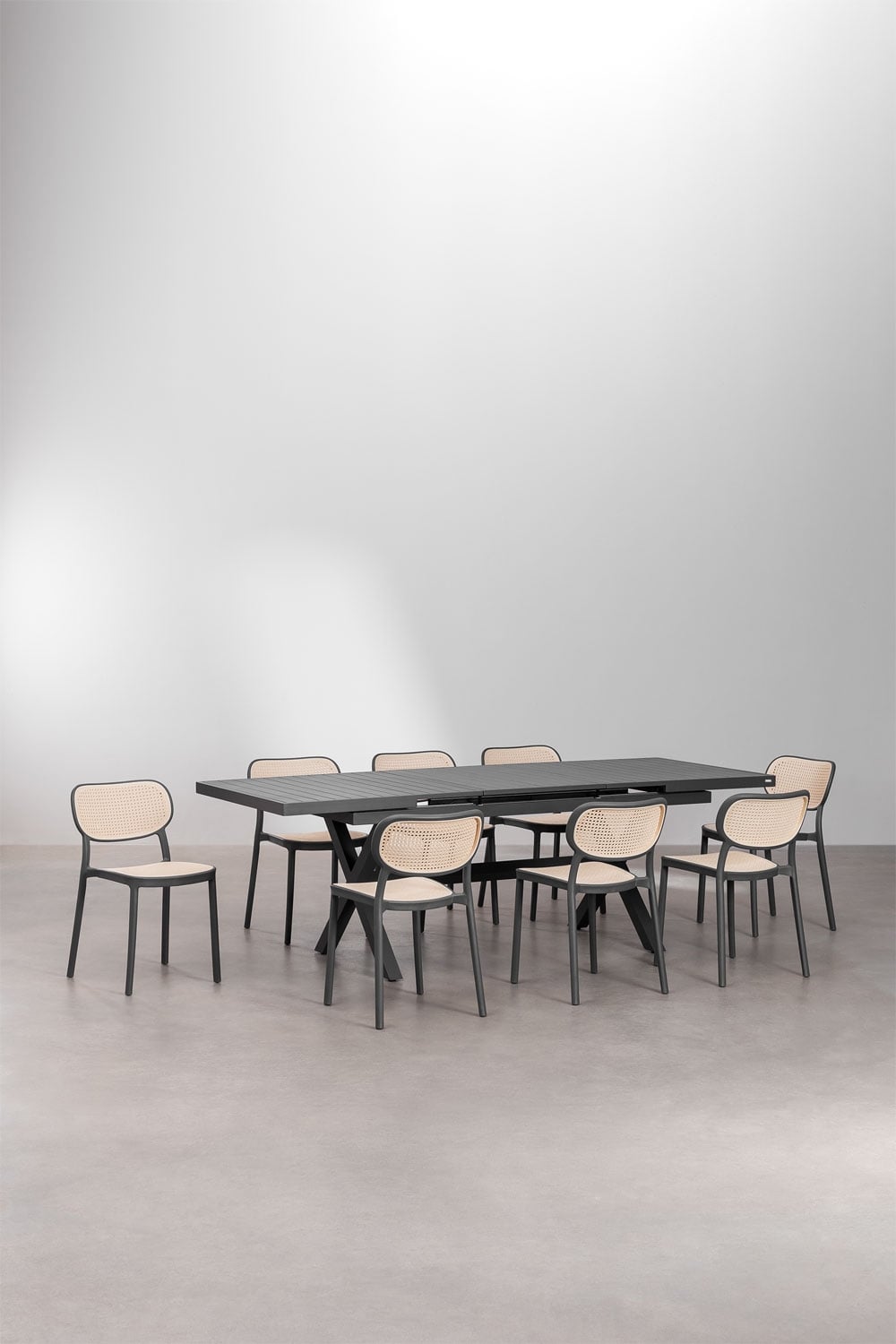 Set aus rechteckigem Tisch 180-240x90 cm, ausziehbar, aus Aluminium Karena und 8 stapelbaren Esszimmerstühlen aus Polypropylen O, Galeriebild 1