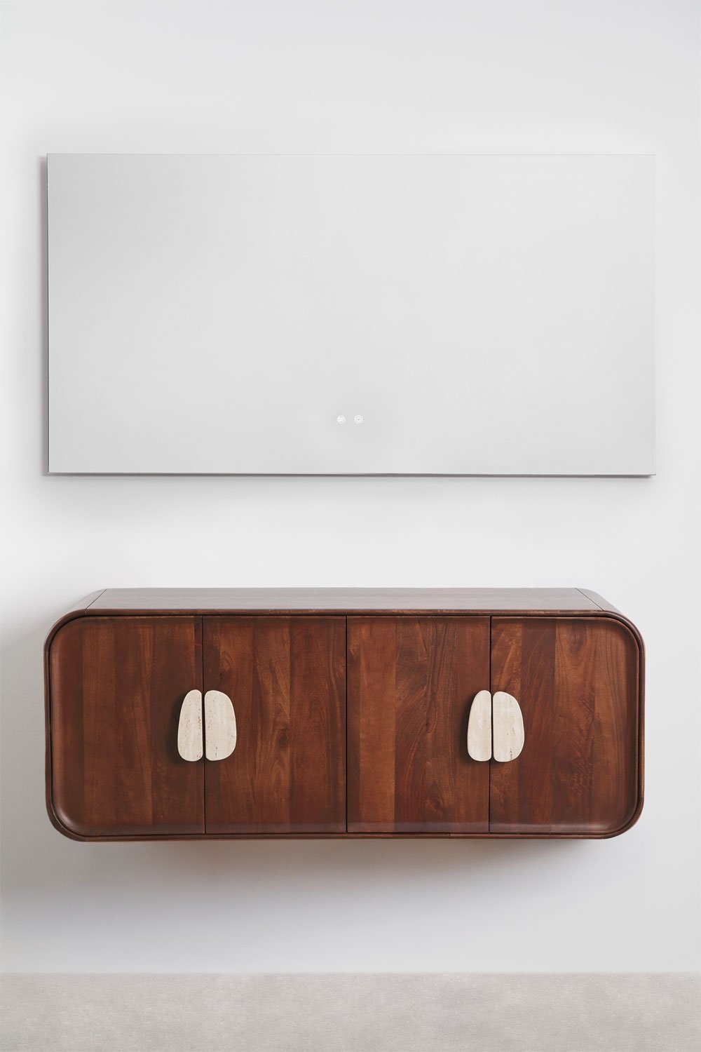 Doppeltes hängendes Badezimmermöbel-Set 130x45 cm aus Mangoholz und natürlichem Kivalina-Stein, Galeriebild 3