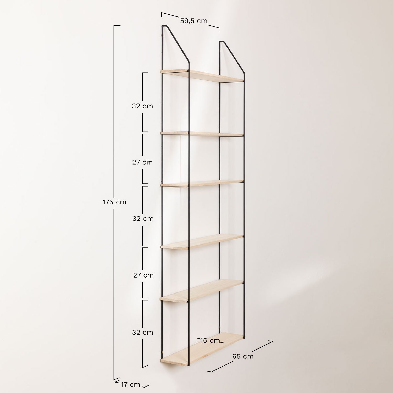 Estantería de Pared en Madera y Acero Arison, medidas