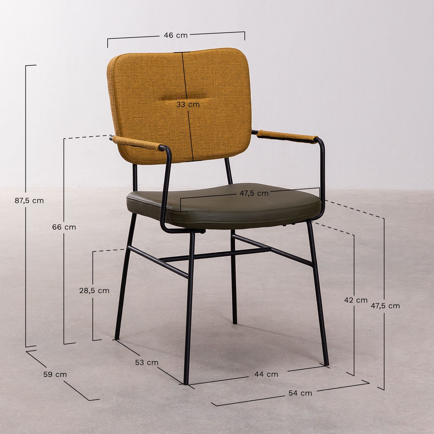 Silla de comedor con reposabrazos en polipiel y acero Milih , medidas