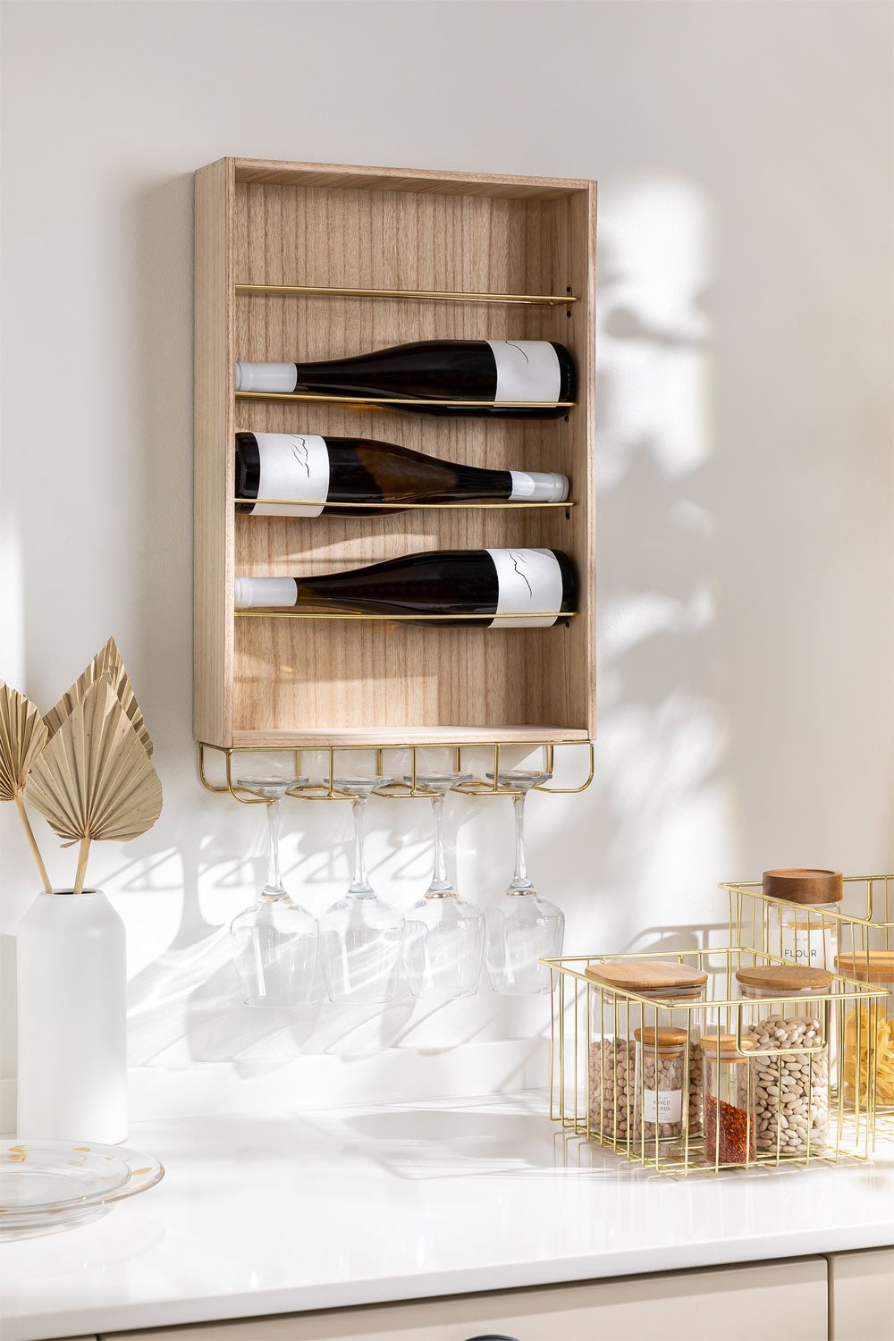 Botellero de pared para vinos de bambú con espacio para 4 botellas y copas  – Shopavia