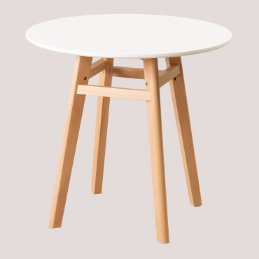 Mesa De Comedor Redonda En Mdf Y Madera De Haya Scand Nordic Blanco & Ø80 Cm - Sklum