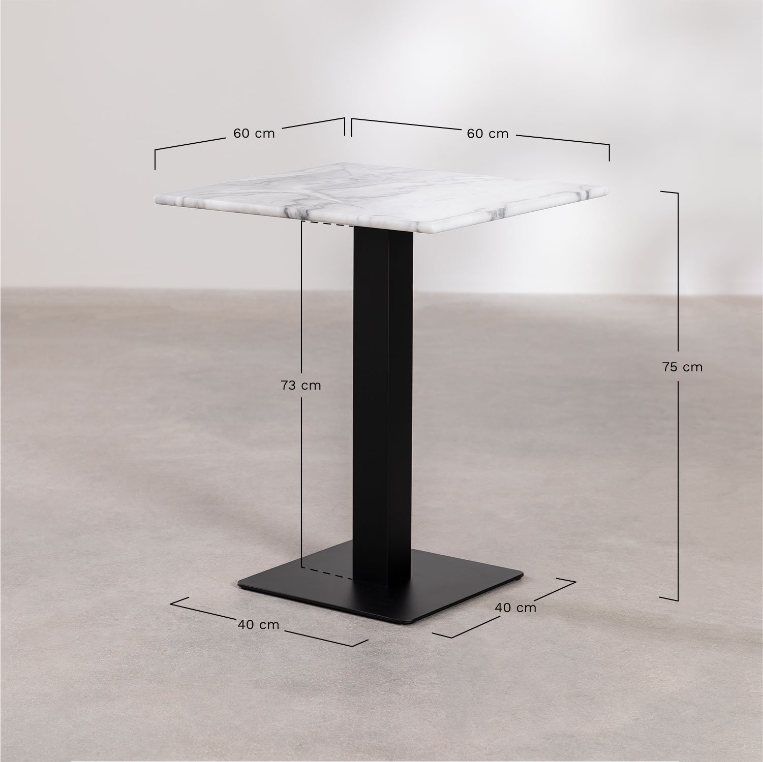Mesa de Bar Cuadrada en Mármol Livanto, medidas