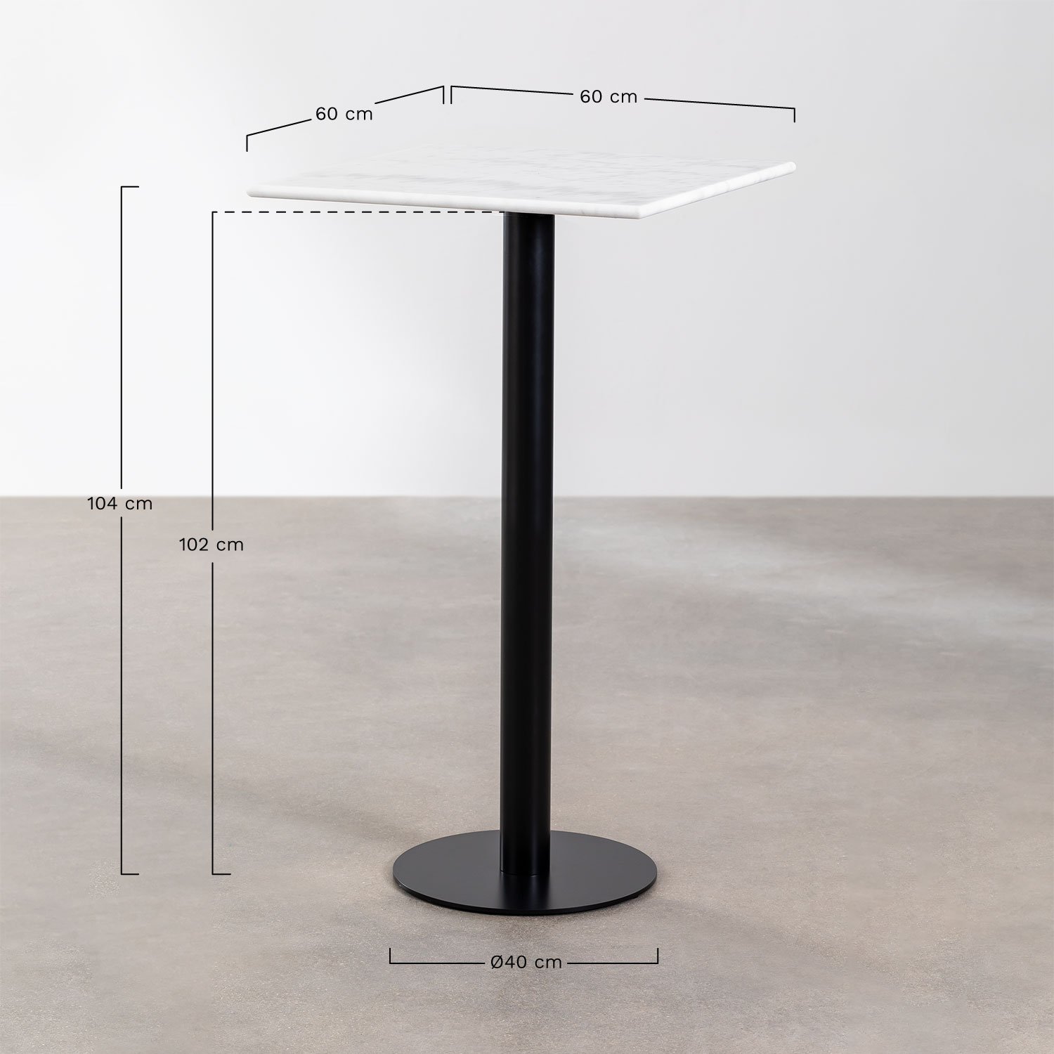 Mesa Alta de Bar Cuadrada en Mármol (60x60 cm) Rocher, medidas