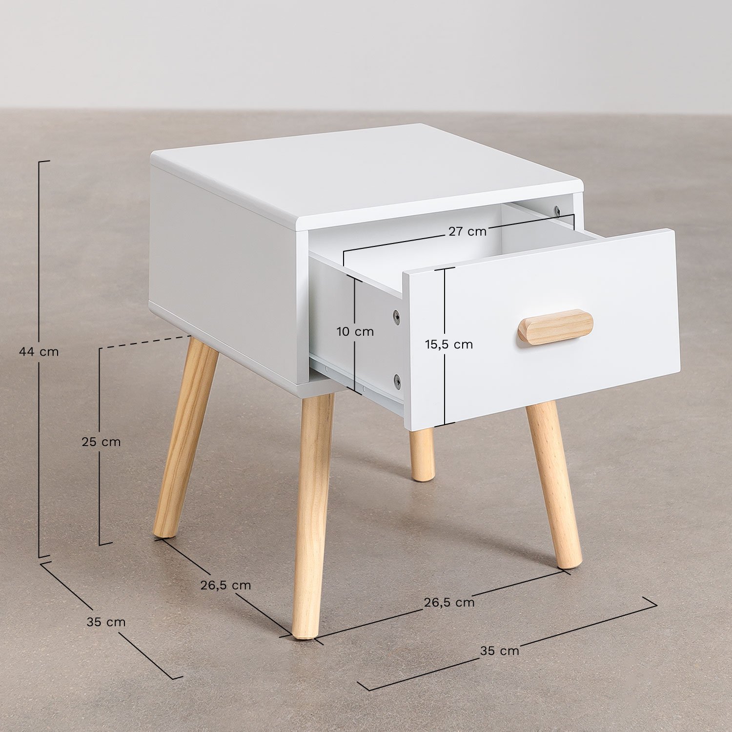 Mesita de noche en MDF y madera de pino Tom Kids , medidas