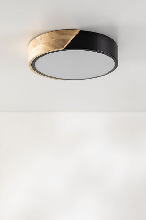 Plafón de techo LED redondo en hierro Jan - Negro - Madera Natural