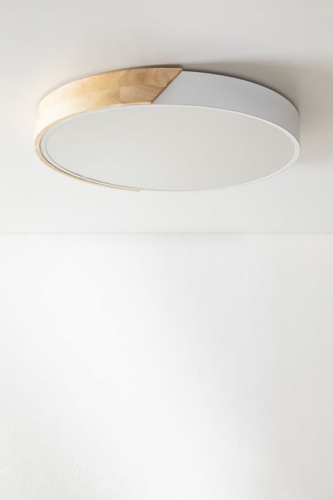 Plafón de techo LED redondo en hierro Jan - Blanco - Madera Natural