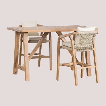 Set De Mesa Alta Rectangular 160x90 Cm Y 2 Taburetes Altos En Madera De Acacia Dubai Marrón Acacia Rústico & Tela Blanco Gardenia - Sklum