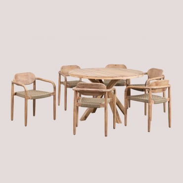 Set De Mesa Redonda (ø120 Cm) Y 6 Sillas De Jardín Con Reposabrazos En Madera Naele Marrón Trigo - Sklum