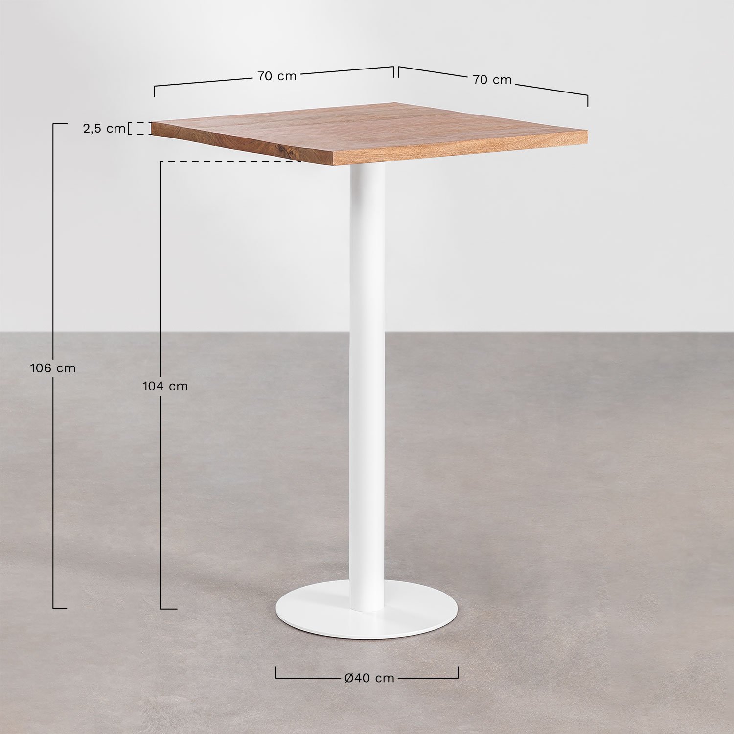 Mesa Alta de Bar Cuadrada en Madera de Acacia Macchiato  , medidas