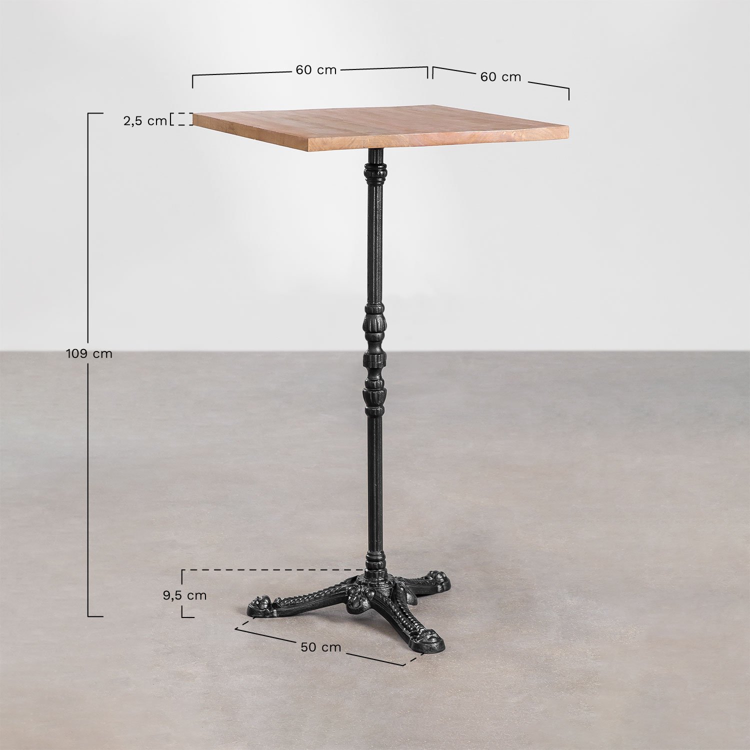 Mesa alta de bar cuadrada en madera de acacia Azteca , medidas