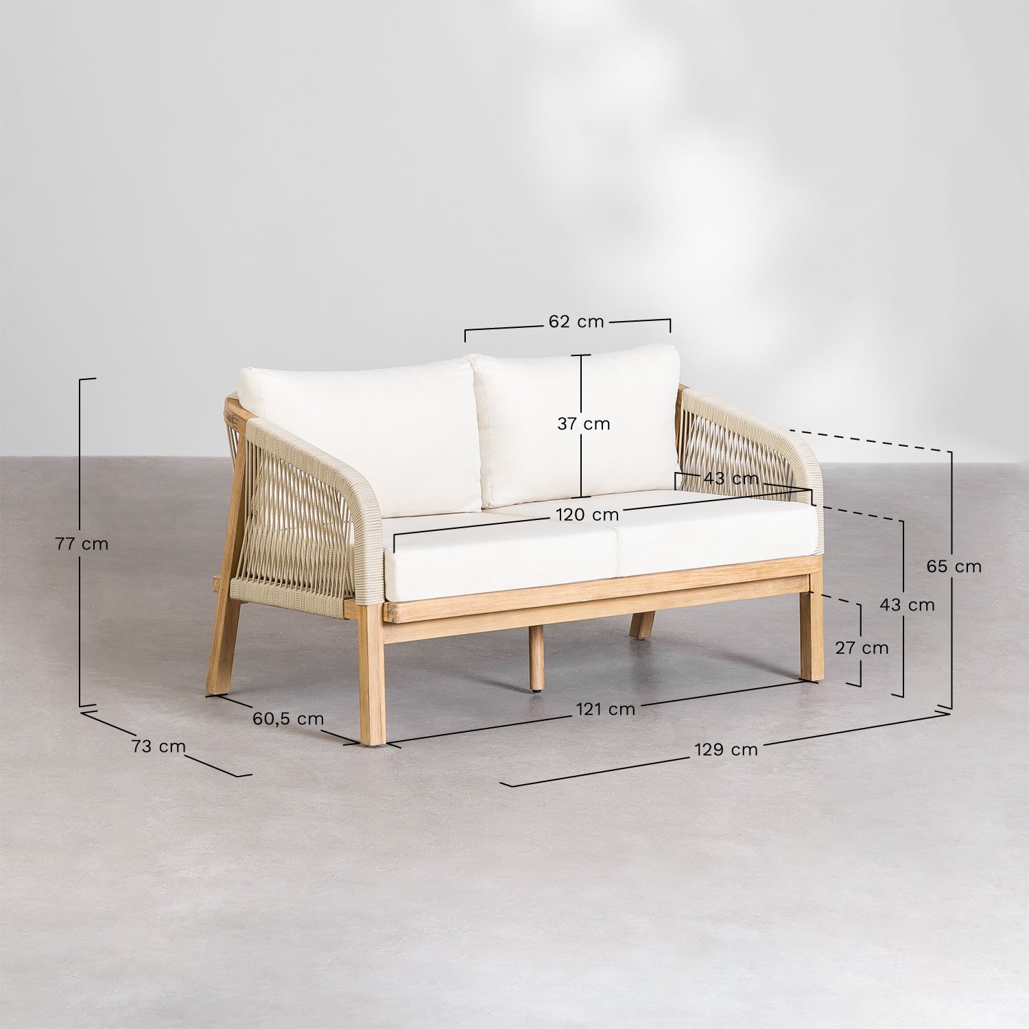 Conjunto de jardín con sofá de 2 plazas, dos sillones y mesa de centro en madera de acacia y cuerda trenzada Dubai , medidas