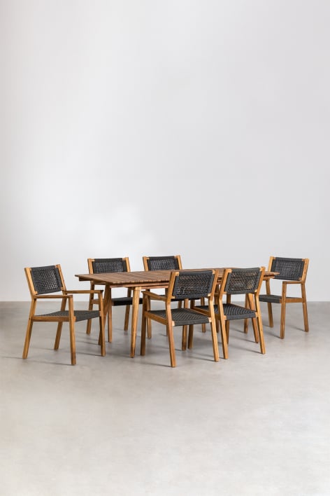Set de mesa rectangular 160-210x90 cm extensible y 6 sillas de comedor con reposabrazos en madera de acacia Tenay - Gris Grafito