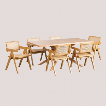 Set De Mesa De Comedor Rectangular 180x90 Cm Arnaiz Y 6 Sillas Con Reposabrazos En Madera De Fresno Y Ratán Lali Madera Natural - Sklum