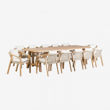 Set De Mesa Rectangular 300x100 Cm Y 12 Sillas De Comedor En Madera De Acacia Dubai Marrón Acacia Rústico & Tela Blanco Gardenia - Sklum
