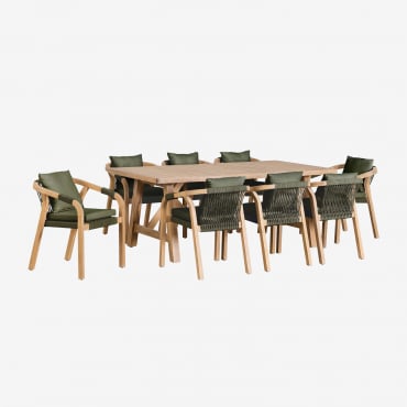 Set De Mesa Rectangular 200x100 Cm Y 8 Sillas De Comedor En Madera De Acacia Dubai Marrón Acacia Rústico & Tela Verde Army - Sklum