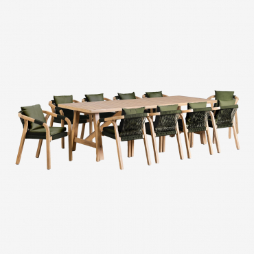 Set De Mesa Rectangular 260x100 Cm Y 10 Sillas De Jardín En Madera De Acacia Dubai Marrón Acacia Rústico & Tela Verde Army - Sklum