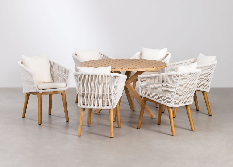 Set de mesa redonda Ø120 cm en madera de eucalipto Naele y 6 sillas de comedor en madera de acacia Barker