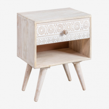 Mesita De Noche Con Almacenaje En Madera De Mango Ukurla Madera Blanca Vintage - Sklum