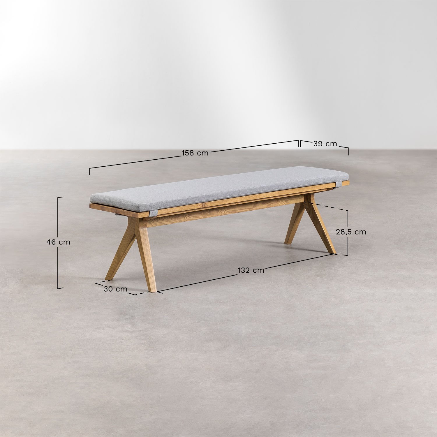 Banco en madera de roble Basset, medidas