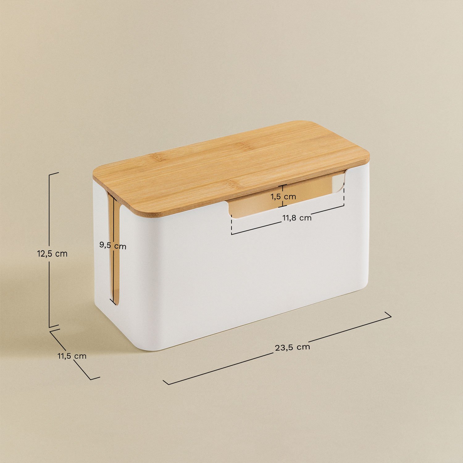 Organizador de cables en polipropileno y madera de bambú Rolayn, medidas