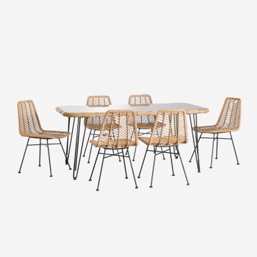Set De Mesa Rectangular 180x90 Cm Leribert Y 6 Sillas De Comedor En Ratán Sintético Gouda Natural Natural - Sklum