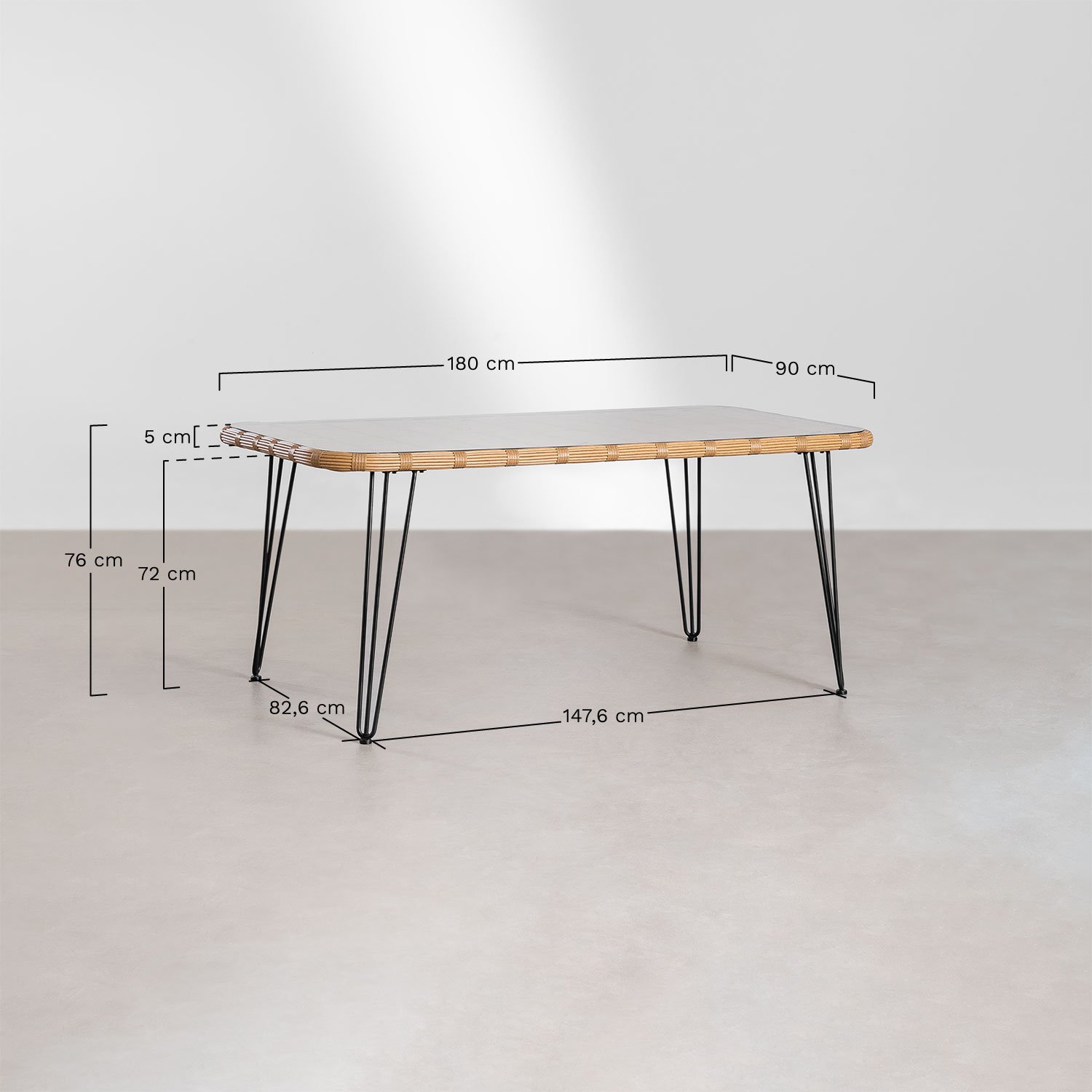 Set de Mesa Rectangular en Mimbre Sintético (180x90 cm) Leribert y 6 Sillas de Jardín en Ratán Sintético Gouda Natural    , medidas